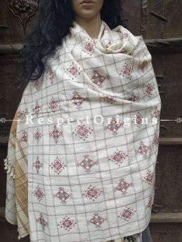 Luxurious Handloom Fine Soof Embroidered Woollen White Shawl With Brown and Pink Embroidery Online at RespectOrigins.com