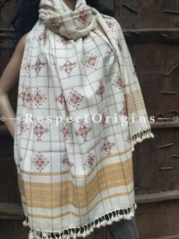 Luxurious Handloom Fine Soof Embroidered Woollen White Shawl With Brown and Pink Embroidery Online at RespectOrigins.com