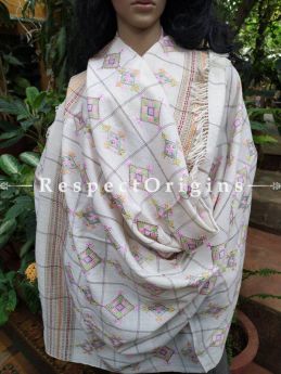 Luxurious Handloom Fine Soof Embroidered Woollen White Shawl With Green and Pink Embroidery Online at RespectOrigins.com