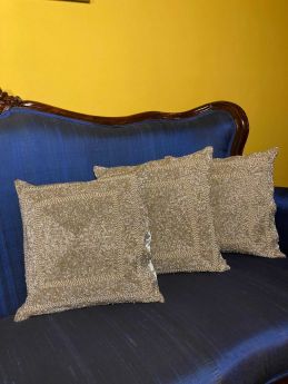 Luxurious Beige Hand-embroidered Beadwork Throw Cushions Trio Gift Set. Zipper Back; RespectOrigins.com