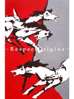 M.F Hussain Reproduction Three Horses/ Acrylic on Canvas Modern Art Painting 42 X 24 inches|RespectOrigins