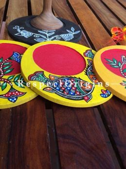 Buy Set of 4 round Coasters with Madhubani Artwork; Handcrafted; Hand painted; Wood At RespectOrigins.com