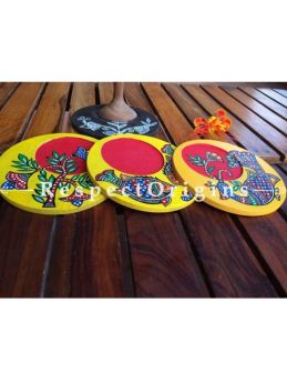 Buy Set of 4 round Coasters with Madhubani Artwork; Handcrafted; Hand painted; Wood At RespectOrigins.com