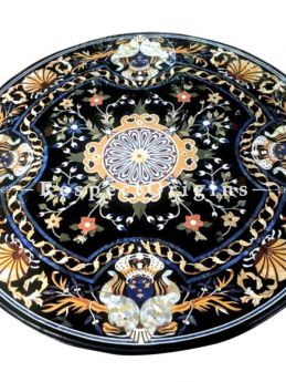 Buy Luxury Round Black Pietra Dura Marble Table Top With inlay Work; Center Corner Side Coffee Dining Table; 4 Feet At RespectOrigins.com