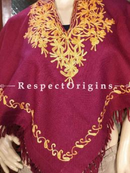 Maroon Aari Embroidered Woolen Poncho; RespectOrigins.com
