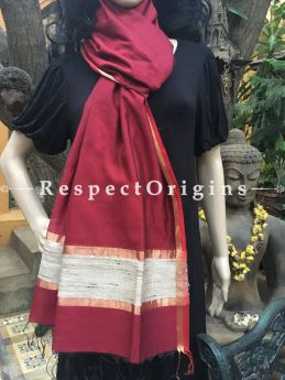 Handloom Maroon Maheshwari Cotton silk stole with golden Jute work and red border 50x35 inches; RespectOrigins.com