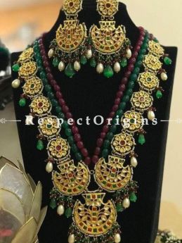 Maroon and Green Meenakari Necklace having Green and White Droplets with Beautiful Earrings; Enamel Work; Gifts for Her; RespectOrigins.com