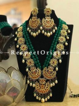 Green Meenakari Necklace having Pearl Droplets with Beautiful Earrings; Enamel Work; RespectOrigins.com