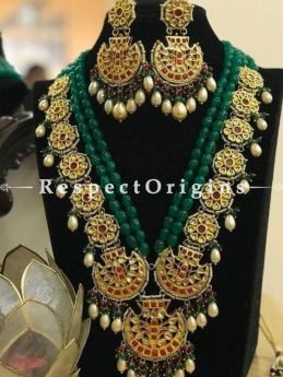 Green Meenakari Necklace having Pearl Droplets with Beautiful Earrings; Enamel Work; RespectOrigins.com