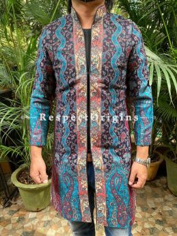 Blue Lavish Formal Mens Designer Detailing Jamavar Jacket in Wool Blend; Silken Lining; RespectOrigins.com