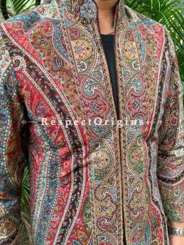 Lavish Red Floral Design Formal Mens Designer Detailing Jamavar Jacket in Wool Blend; Silken Lining; RespectOrigins.com