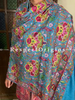 Phenomenal Blue Mens Pashmina Kashmiri Shawl Sozni Embroidery; 80 X 40 Inches; RespectOrigins.com