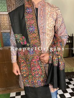 Magnificent Mens Pashmina Kashmiri Shawl in Black with SozniEmbroidery; 88 X 44 Inches; RespectOrigins.com