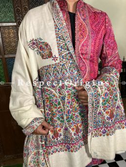 Grand Mens Pashmina Kashmiri Shawl in White with Sozni Embroidery; 106 X 53 Inches; RespectOrigins.com