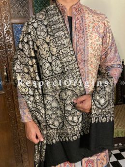 Amazing Black Mens Pashmina Kashmiri Shawl with Tilla Embroidery; 80 X 40 Inches; RespectOrigins.com