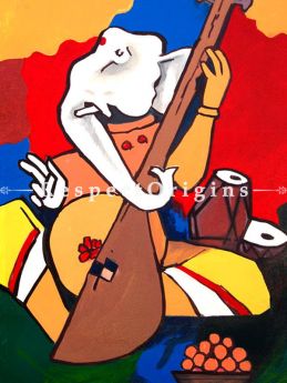 MF Husain Reproduction Ganesha the Musician Acrylic on Canvas Modern Art Painting 18 X 24 inches|RespectOrigins