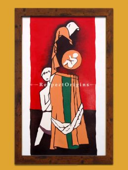 M.F Hussain Reproduction of a Women Carrying a baby in her womb, Acrylic on Canvas Modern Art Painiting: 18x32 in|