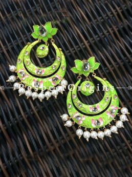 Enamel-Plated Meenakari Chand-balis Silver EarRings; Green, RespectOrigins.com