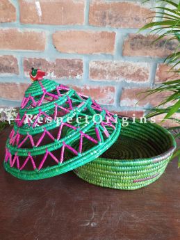 Gorgeous Green and Pink Hand-braided Organic Moonj Grass Bread or Fruit Basket 12 X 12 Inches;Eco-friendly Baskets