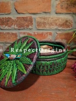 Green and Brown Bread Basket with Lid; Hand-braided Natural Moonj Grass 10 X 4 Inches
