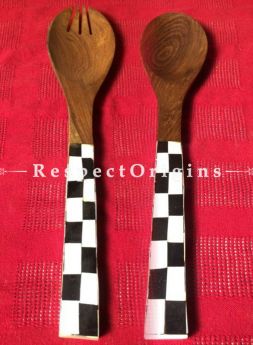 Buy Wooden Set of 2 Salad or Serving Spoons With Black and White Mother of Pearl Handle; Handcrafted At RespectOrigins.com