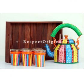 Multicolor Handpainted Aluminium kettle set with Wooden tray; RespectOrigins.com