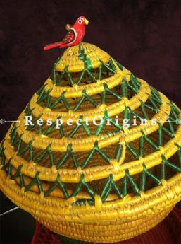 Elegant Handwoven Multi-Utility Yellow & Green Moonj Grass Eco-friendly Round Bread or Fruit Basket or Roti Basket; RespectOrigins