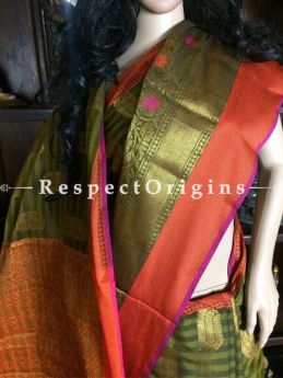 Beautifully Handwoven Green-orange Handwoven Banarasi Cotton Silk Saree; Zari Border & Butis, RespectOrigins.com