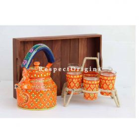 Orange Handpainted Aluminium kettle set with Wooden tray; RespectOrigins.com