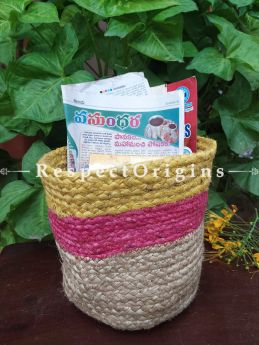 Pink, Yellow and Beige Organic Hand-braided Jute Planter, Laundry, Blankets or Toys Basket; 8 Inches; RespectOrigins.com