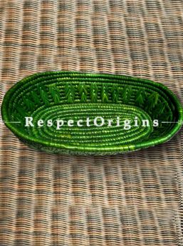 Beautiful Handwoven Green Moonj Grass Eco-friendly Oval Bread or Fruit Basket; Zig Zag Pattern; RespectOrigins