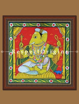 Painted Scrolls of Cheriyal; Lord Ganapati; Folk Art Square Painting in 8X8 inches; Traditional Painting on Canvas, RespectOrigins