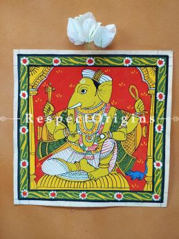 Painted Scrolls of Cheriyal; Lord Ganapati; Folk Art Square Painting in 8x8 in; Traditional Painting on Canvas