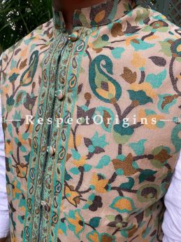 Green Paisley Jamavar Band-gala Nehru Jacket with Cloth-buttons; RespectOrigins.com
