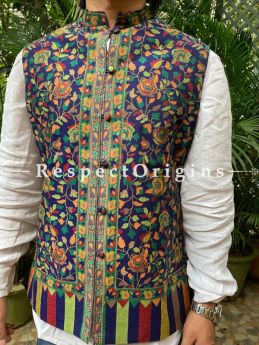 Blue Paisley Jamavar Band-gala Nehru Jacket with Cloth-buttons; RespectOrigins.com