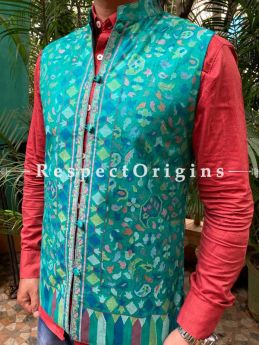 Paisley Jamavar Blue Band-gala Nehru Jacket with Cloth-buttons; RespectOrigins.com