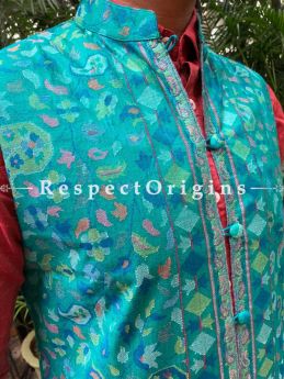 Paisley Jamavar Blue Band-gala Nehru Jacket with Cloth-buttons; RespectOrigins.com