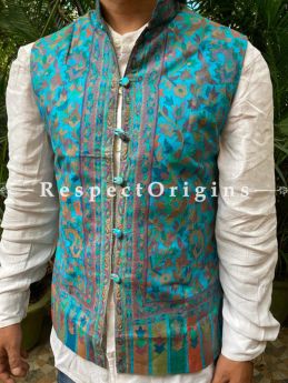 Paisley Jamavar Band-gala Nehru Jacket with Cloth-buttons in Blue; RespectOrigins.com