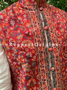 Red Paisley Jamavar Band-gala Nehru Jacket with Cloth-buttons in Red Color; RespectOrigins.com