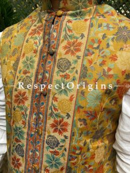 Paisley Jamavar Yellow Band-gala Nehru Jacket with Cloth-buttons; RespectOrigins.com