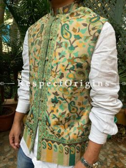 Green Paisley Jamavar Band-gala Nehru Jacket with Cloth-buttons; RespectOrigins.com