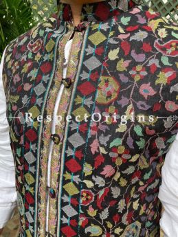 Black Paisley Jamavar Band-gala Nehru Jacket with Cloth-buttons; RespectOrigins.com
