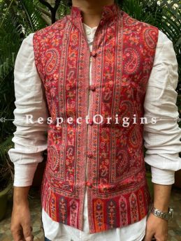 Paisley Jamavar Band-gala Red Nehru Jacket with Cloth-buttons; RespectOrigins.com