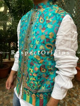 Sea Green Paisley Jamavar Band-gala Nehru Jacket with Cloth-buttons; RespectOrigins.com