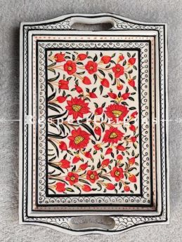 WhitePapier Mache Handpainted Tray With Red Floral Design; 12X6 Inches; RespectOrigins.com