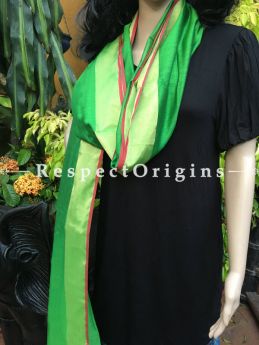 Parrot Green Handloom Maheshwari Cotton silk stole with golden Jute work and red border  It is 50x35 inches; RespectOrigins.com