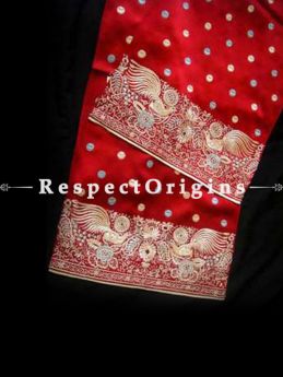 Red Parsi Gara Embroidery Silk Stole with Peacock Border.; RespectOrigins.com