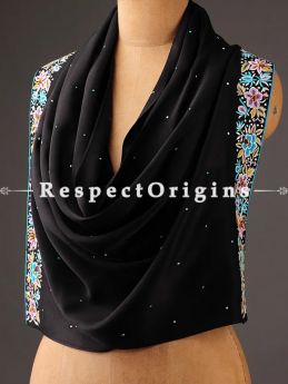 Black Parsi Gara Embroidery Silk Stole with Flower Cluster Pattern.; RespectOrigins.com