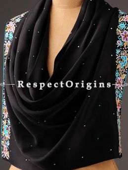 Black Parsi Gara Embroidery Silk Stole with Flower Cluster Pattern.; RespectOrigins.com