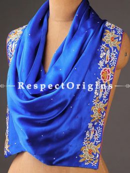 Blue Parsi Gara Embroidery Silk Stole with Multicoloured Flowers (Zinnia); RespectOrigins.com